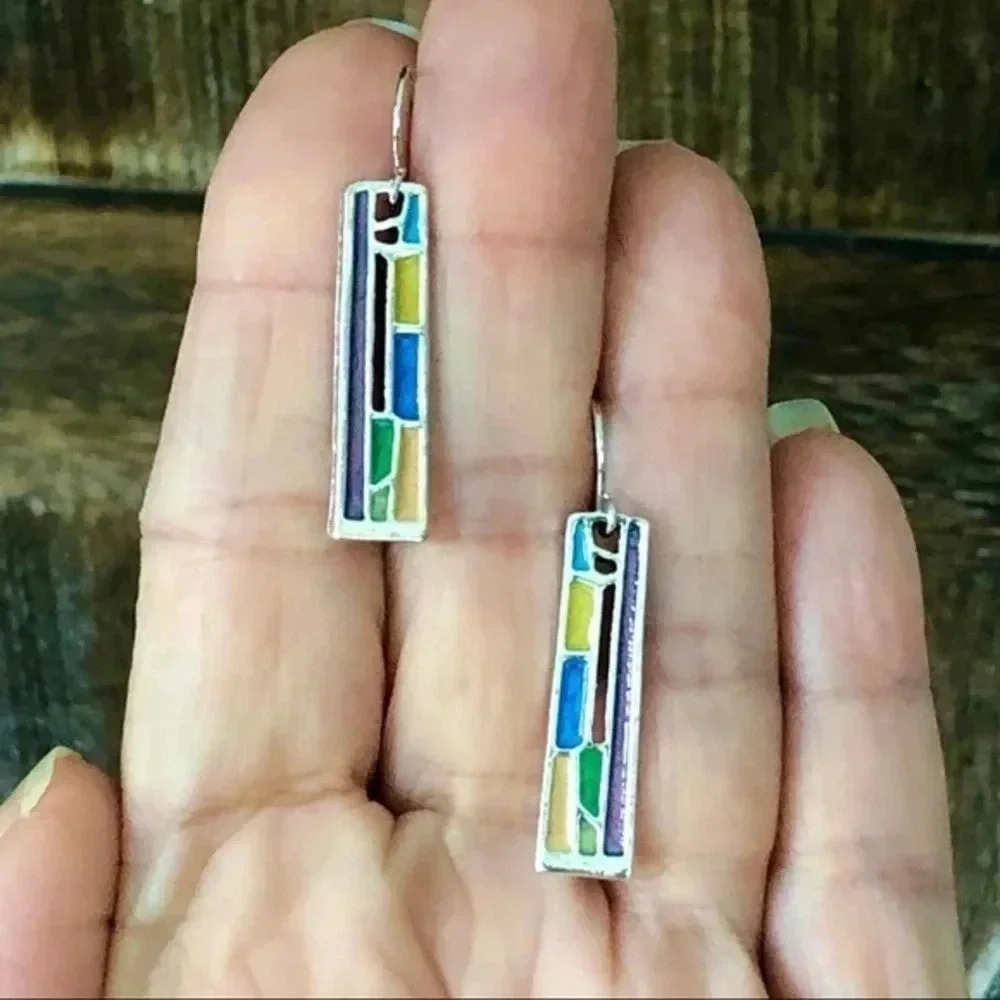 “Stained Glass” Style Abstract Silver Fashion Drop Earrings NWT